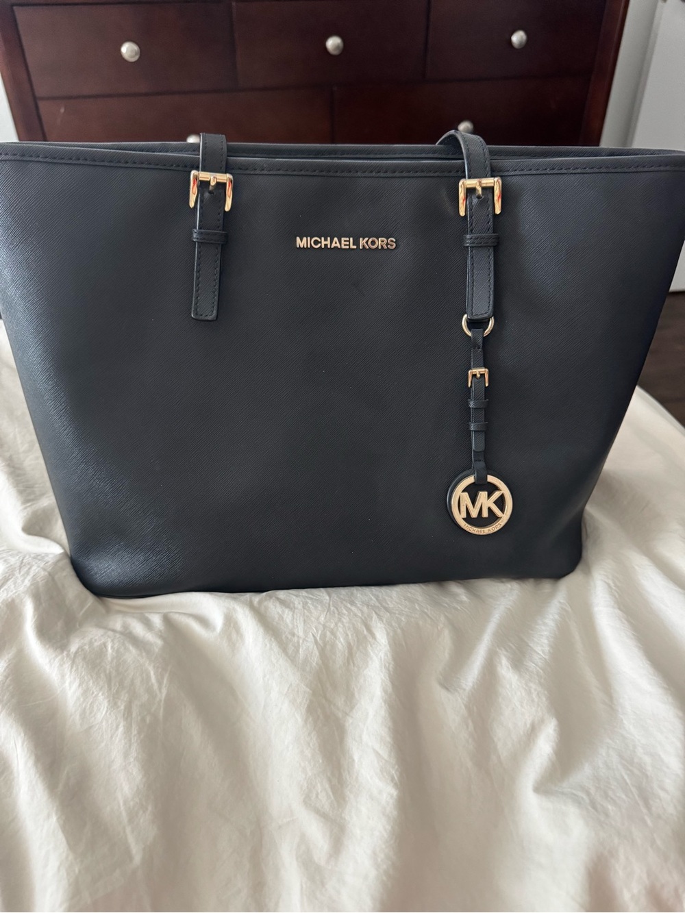 Michael Kors Black Leather Tote with Gold Hardware